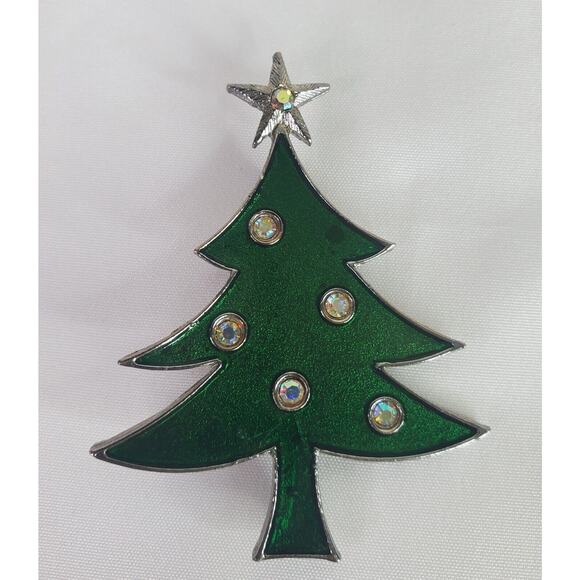 Vtg Tancer II Enamel And AB Rhinestone Christmas Tree Brooch Signed - Picture 1 of 6